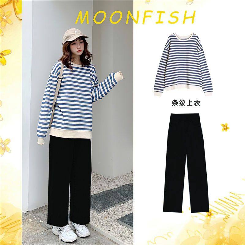 单/套装秋冬宽松圆领卫衣条纹长袖T恤上衣女+高腰直筒阔腿裤套装