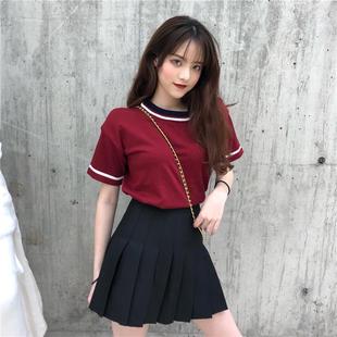 上衣 夏季 新款 复古撞色圆领短袖 T恤女学生简约套头百搭针织打底衫