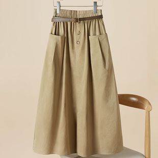 韩版 女装 宽松半身裙女2024夏季 新款 风大口袋中长裙 时尚 松紧腰工装