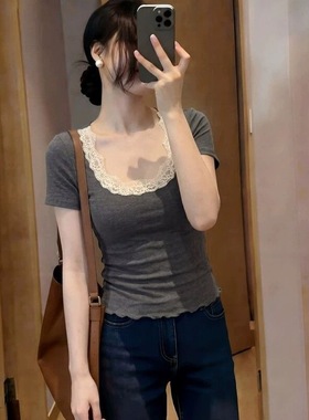 大码灰色正肩U领短袖T恤女装夏季胖MM遮肉显瘦纯欲妹设计感上衣