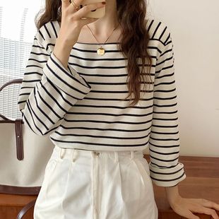 设计感别致百搭上衣潮 春秋季 法式 方领条纹长袖 T恤女宽松显瘦时尚