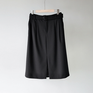 棉 压褶腰可卸腰带前开叉摆过膝半身裙女秋新QB1587 羊毛