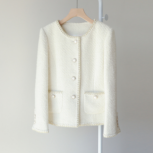 圆领单排扣长袖 外套女秋冬WT1222 绵羊毛金丝嵌闪镶边口袋 优雅感