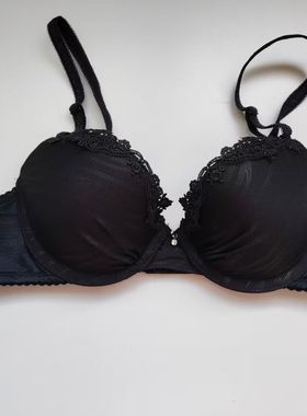 包邮微瑕疵韩系黑色青年有钢圈上薄下厚蕾丝边性感文胸75A