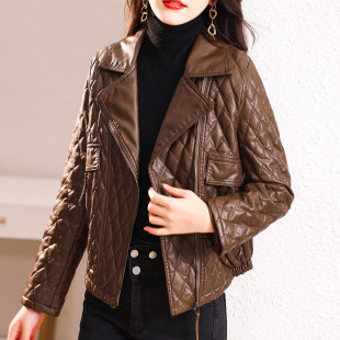 领PU皮夹克潮 皮棉衣加绒加厚西装 皮衣外套女2023年秋冬新款 韩版