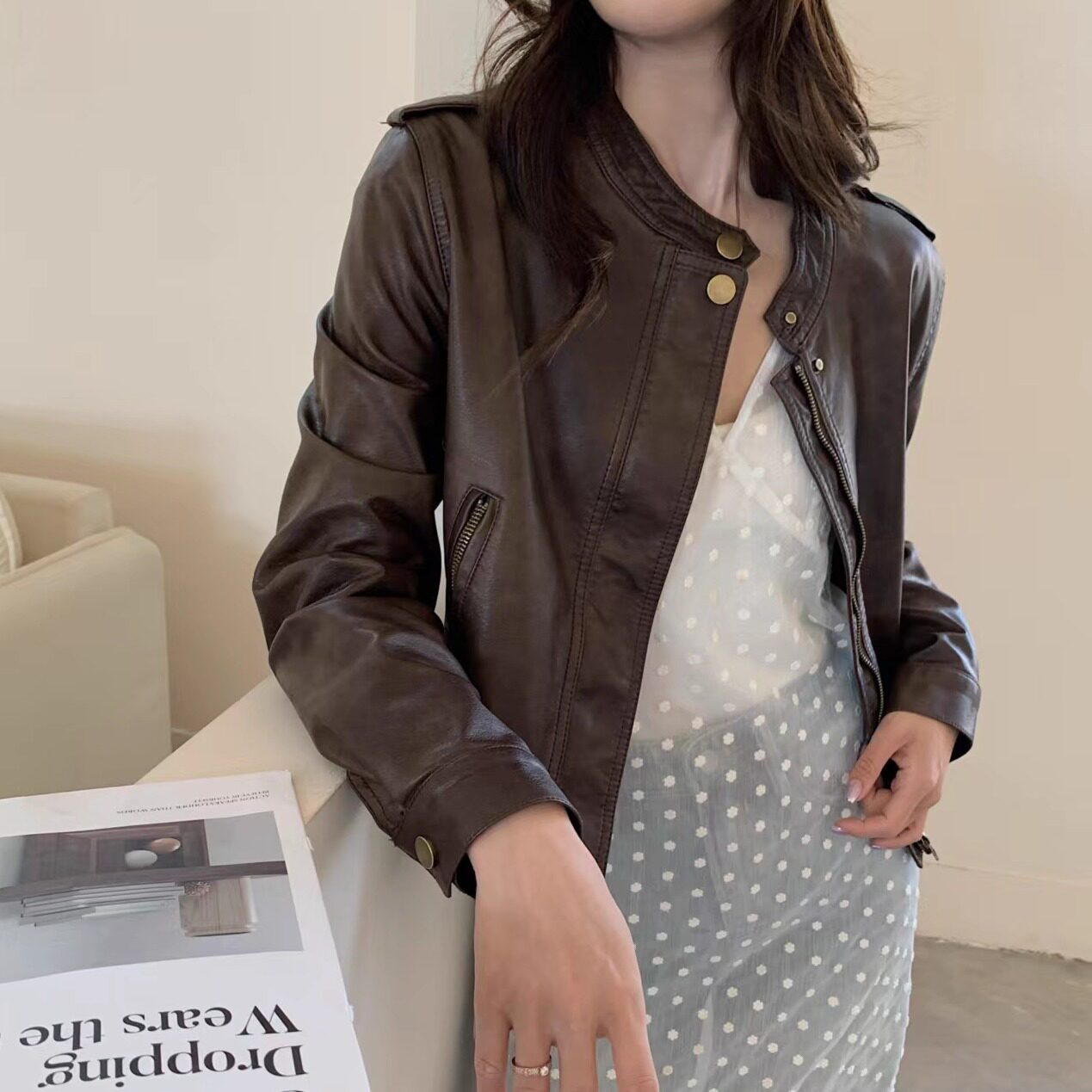 韩版短款正肩皮衣外套女春秋季小个子圆领高级感甜酷风PU机车夹克