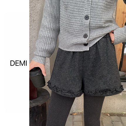 MISS RUILI 定制秋冬木耳花边毛呢短裤百搭显瘦休闲加绒靴裤F1404