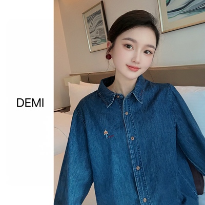 MISS RUILI 定制 秋冬新款复古宽松翻领休闲百搭牛仔衬衫女F1525