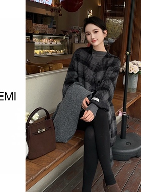 老赵专享 冬季韩系高级独特格子大衣中长款宽松外套F1491