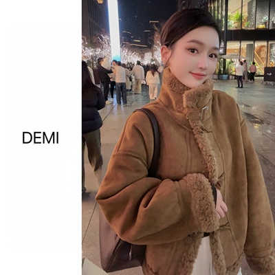 MISS RUILI 定制  韩系复古立领皮毛一体羊羔毛外套时髦上衣F1481