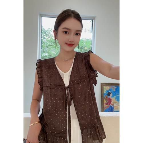 MISS RUILI定制   新款波点木耳边韩版拼接甜美减龄无袖上衣F2381