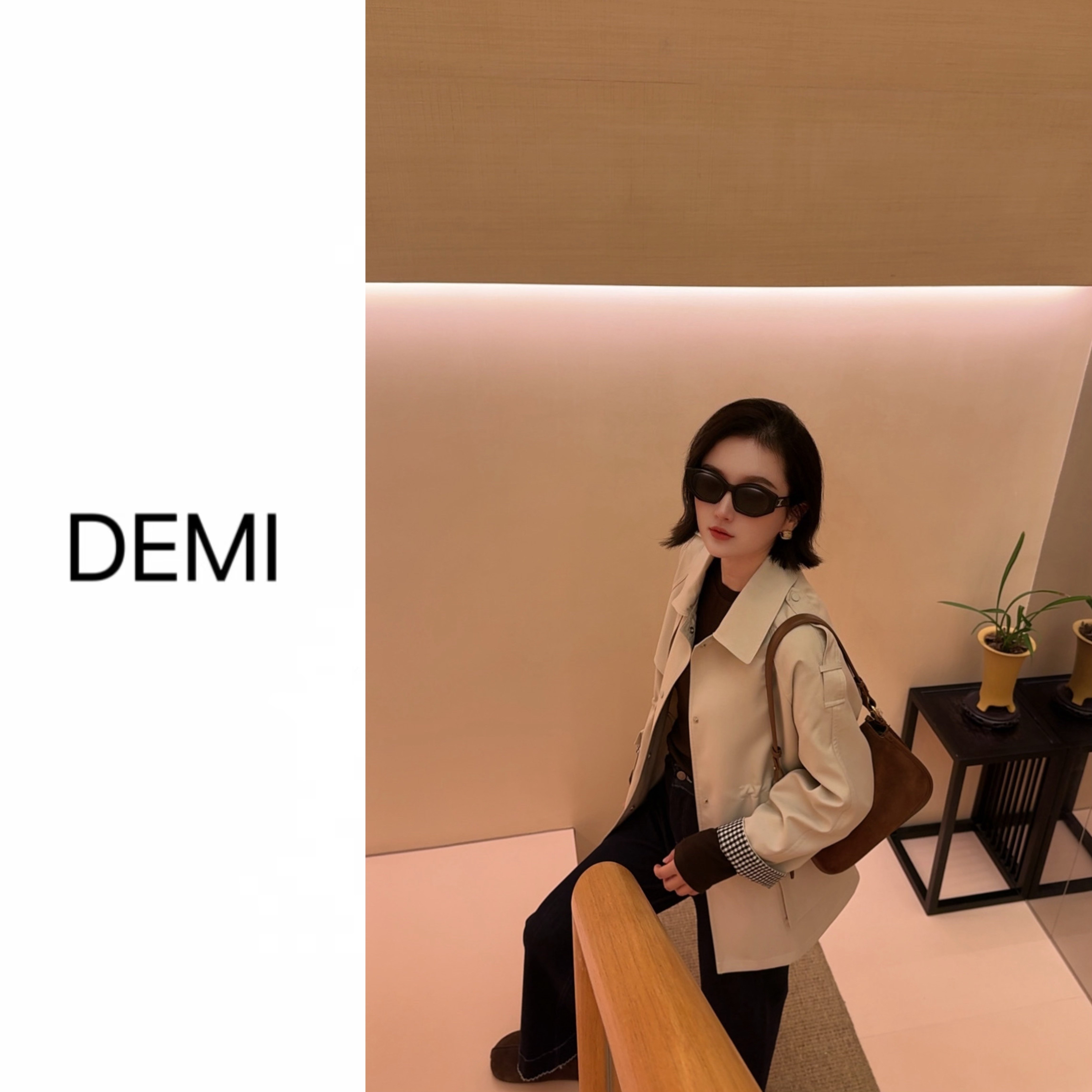 设计感拼接翻领风衣外套女