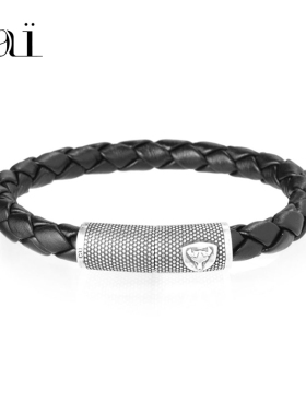 cai纯银黑色真皮男士霸气风手绳
