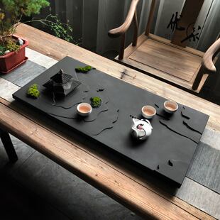 干泡台黑曜石茶托艺术茶盘 天然乌金石茶盘排水茶台倒流香茶海中式