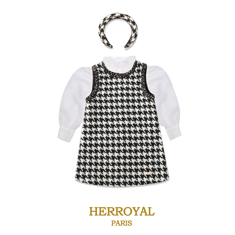 HERROYAL24春夏千鸟格背心裙女童黑白格子法式气质连衣裙 亲子装