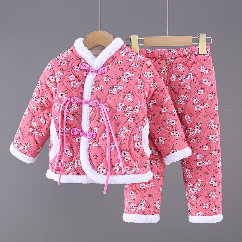 儿童国风盘扣棉袄棉裤套装冬季加绒加厚中大童女童女孩碎花棉衣裤