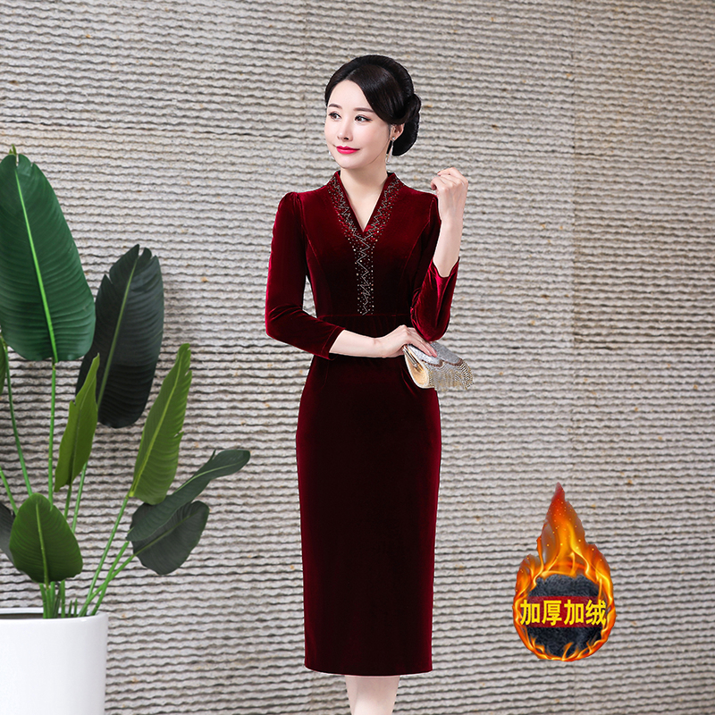 加绒加厚镶钻旗袍连衣裙保暖打底