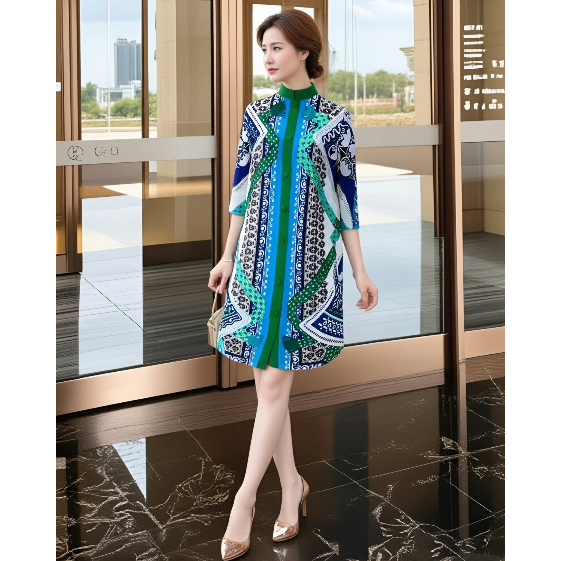 妈妈连衣裙春装2026新款减龄复古印花裙子宽松大码开衫褶皱弹簧裙