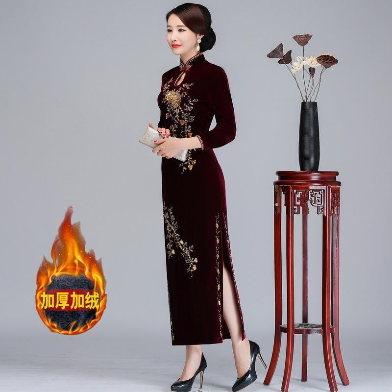 加绒加厚旗袍大码6XL妈妈装婚宴