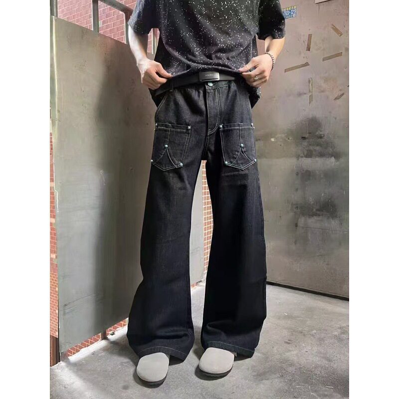 绿松石黑色原牛弯刀牛仔裤男美式复古cleanfit廓形A字直筒牛仔裤