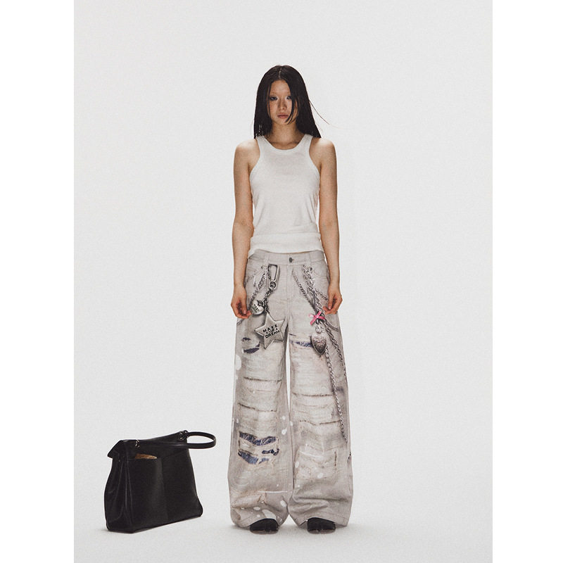 TakeCare当心  破洞蕾丝金属质感印花阔腿休闲牛仔裤男女直筒裤子