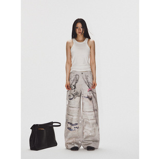 TakeCare当心  破洞蕾丝金属质感印花阔腿休闲牛仔裤男女直筒裤子