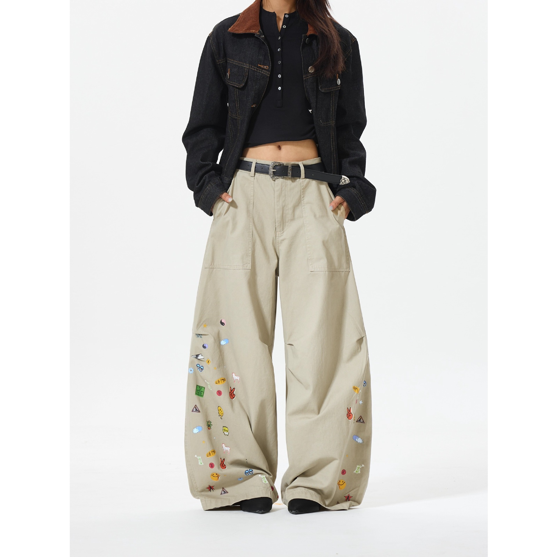 PRMR 美式复古弯刀休闲裤子男女阔腿裤廓形趣味小图案长裤baggy裤