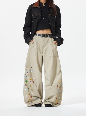 PRMR 美式复古弯刀休闲裤子男女阔腿裤廓形趣味小图案长裤baggy裤