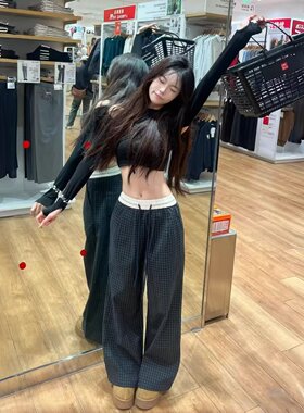Hope88美式复古格子裤女宽松直筒慵懒卫裤阔腿运动休闲裤子情侣