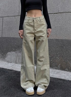 BAOER美式覆古工装裤卡其色直筒解构vibe辣妹高腰水洗休闲裤子女