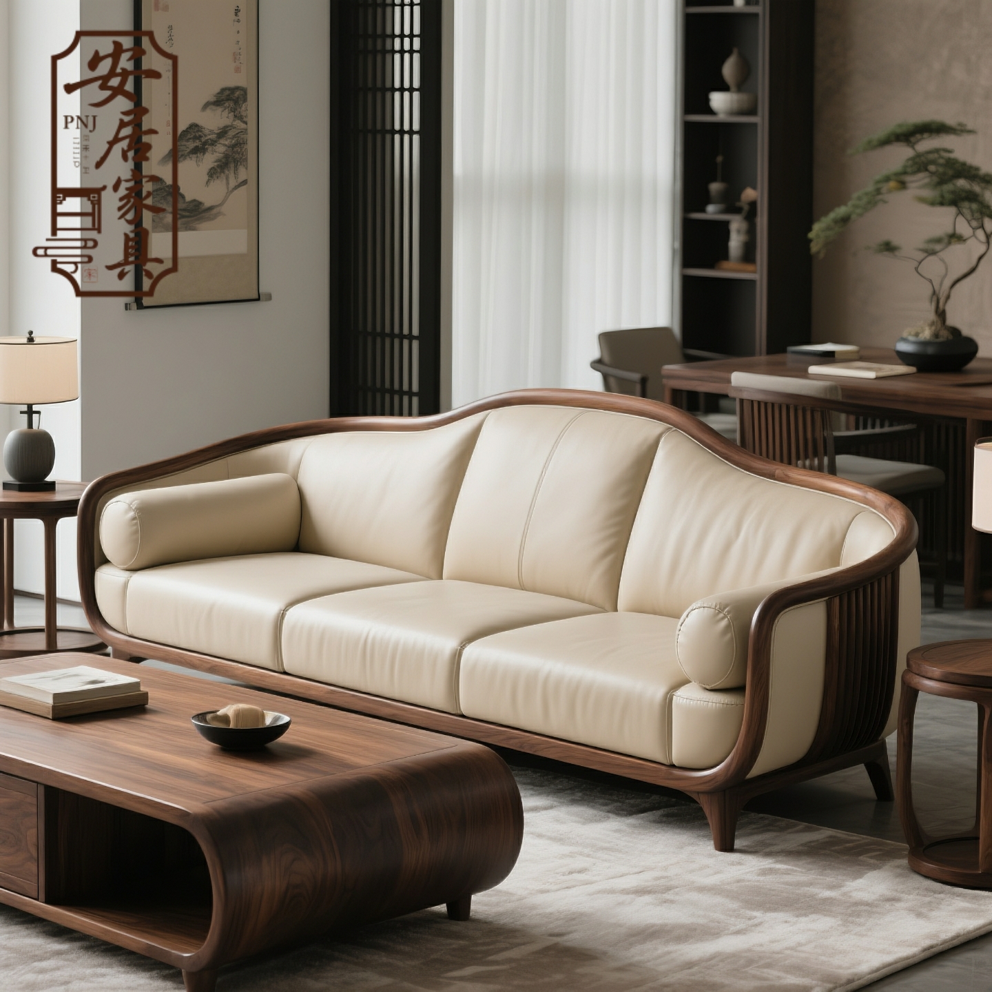 新中式北美黑胡桃实木直排沙发