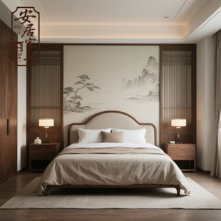 新中式黑胡桃木实木布艺软靠床1米8主卧双人床卧室婚床样板房定