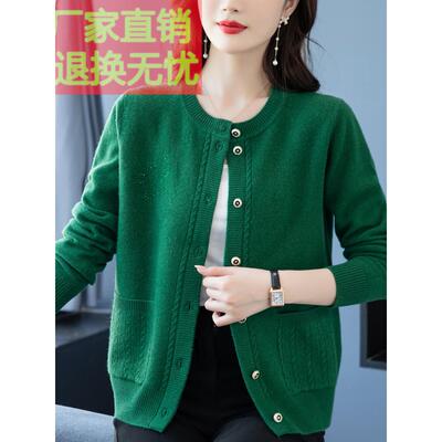 100纯羊毛开衫女2025秋季新款圆领宽松外套中年妈妈加厚针织毛衣