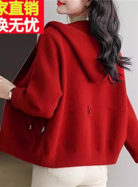 红色连帽棒球服短外套女秋冬2023年新款宽松加厚拉链夹克开衫卫衣