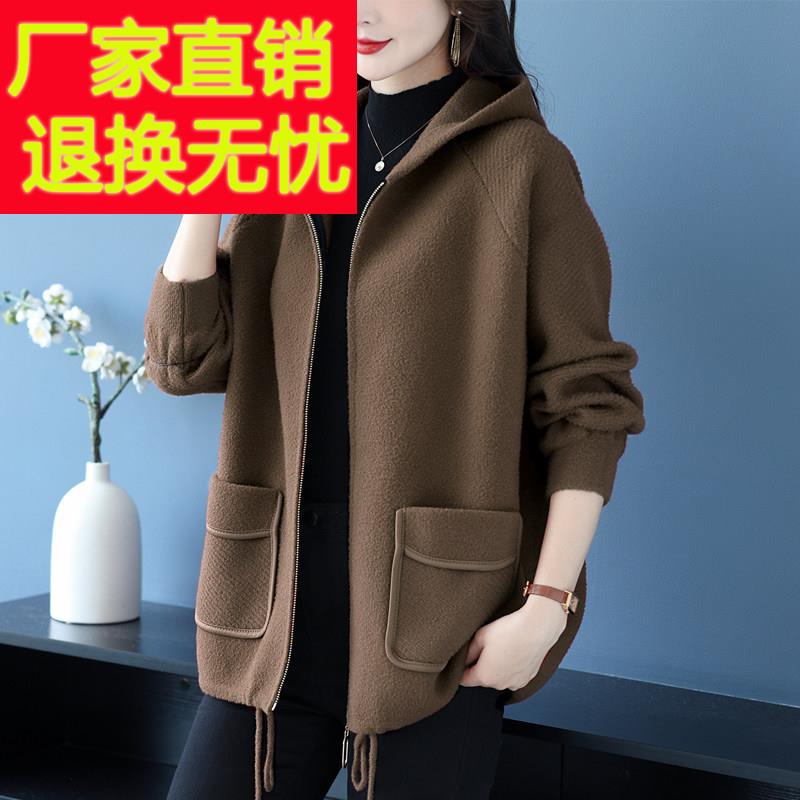 时尚胖妈妈宽松大尺码休闲连帽羊毛大衣女开衫纯色遮肚显瘦毛呢外