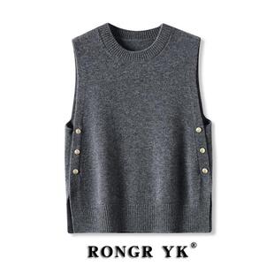 春秋新款纯羊毛圆领马甲女休闲宽松针织背心外搭叠穿减龄显瘦马夹