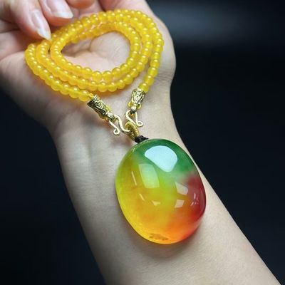 缅甸翡翠老坑冰种多彩圆形套装平安无事牌玉项链三色大蛋面无事牌