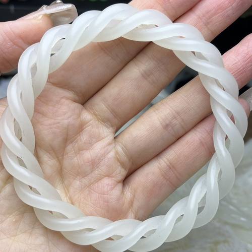 新疆和田玉镯子潮款金丝白玉绞丝麻花镂空雕刻玉镯女款时尚绞丝镯