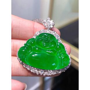 天然缅甸冰种满绿观音玉石佛公吊坠阳绿树叶子金色镶嵌玉坠挂件女