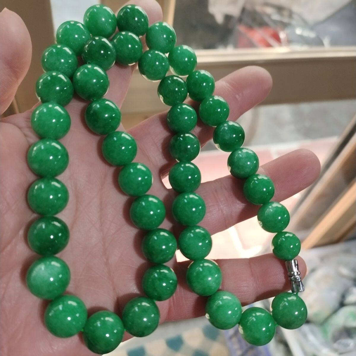 天然干青满绿精雕圆珠项链石英岩玉石项链绿色大串珠精品男女