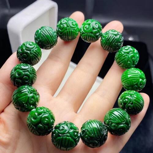 天然干青满绿缅甸翡翠雕刻圆珠手链龙珠时来运转手串爆款男女款玉