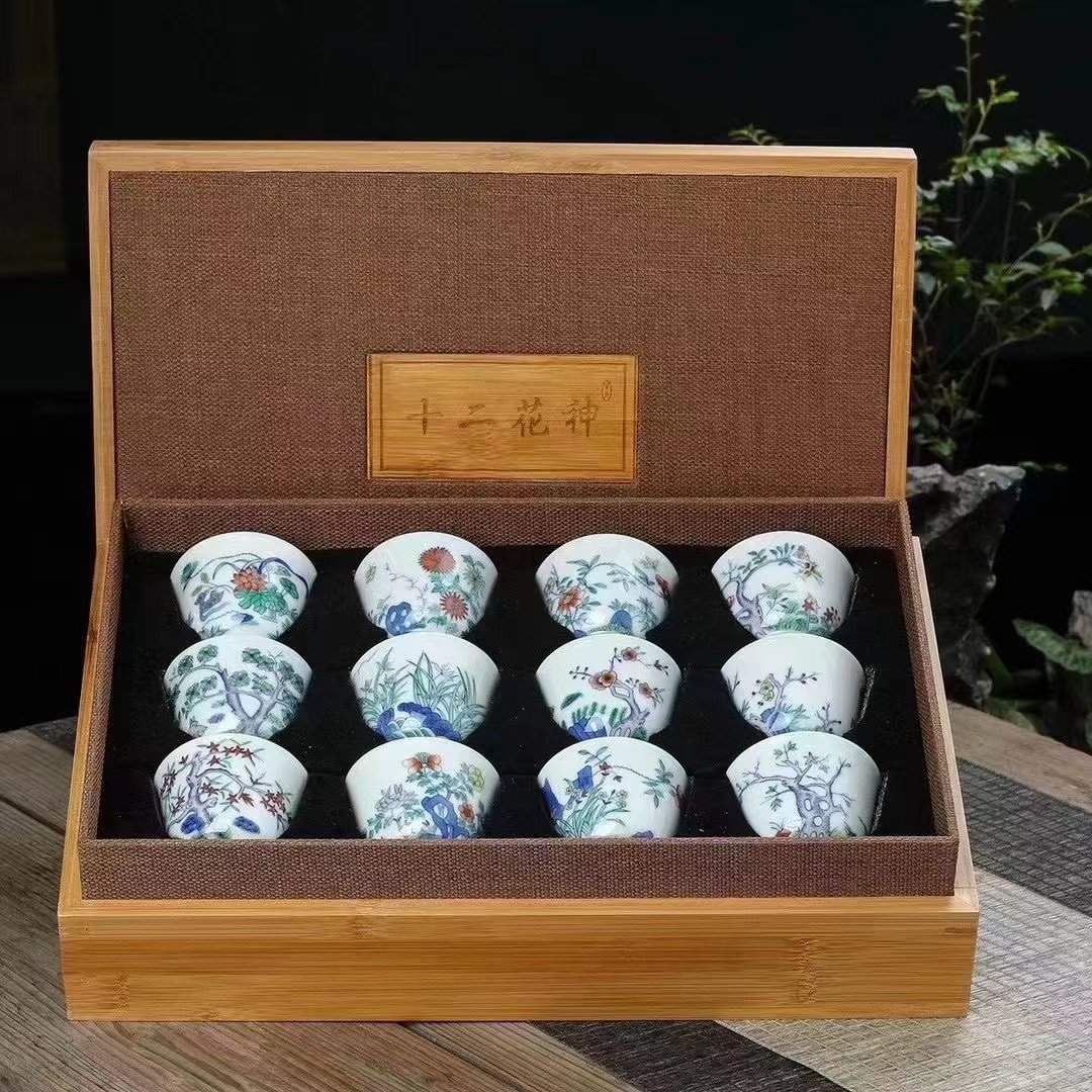 松柏堂 清康熙青花斗彩十二花神杯一套茶杯茶具陶瓷器仿古收藏品