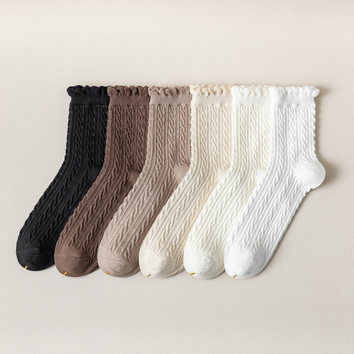 纯棉日系白色软妹花边袜子女中筒