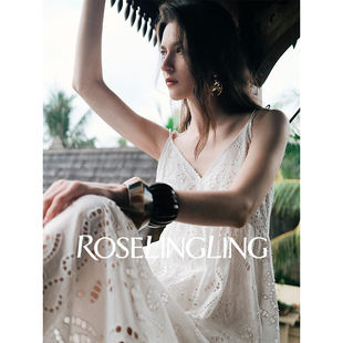 ROSELINGLING波西米亚小白裙 全棉万针镂空绣花度假感吊带连衣裙
