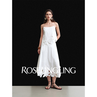 ROSELINGLING原创印象派单品初夏·鸢尾贡缎面料绣花背心半裙套装