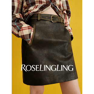 ROSELINGLING质感旧化VTG魅力甄选仿PU皮复古手工擦色MIU系PU皮裙