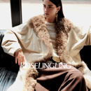 ROSELINGLING蓬松羊毛皮草拼接羽绒服秋冬翻领90鹅绒长款 羽绒外套