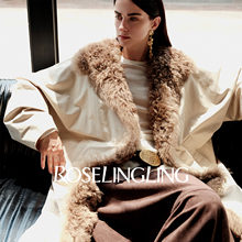 ROSELINGLING蓬松羊毛皮草拼接羽绒服秋冬翻领90鹅绒长款羽绒外套