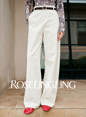 ROSELINGLING【在通勤在时髦】棉质斜纹配送编织皮腰带率性直筒裤