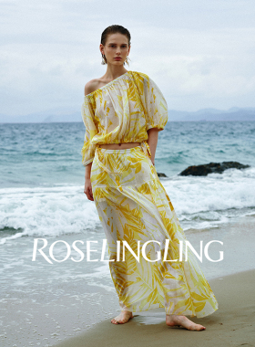 ROSELINGLING苎麻棉散尾葵印花度假风格花苞袖上衣宽松长半裙套装